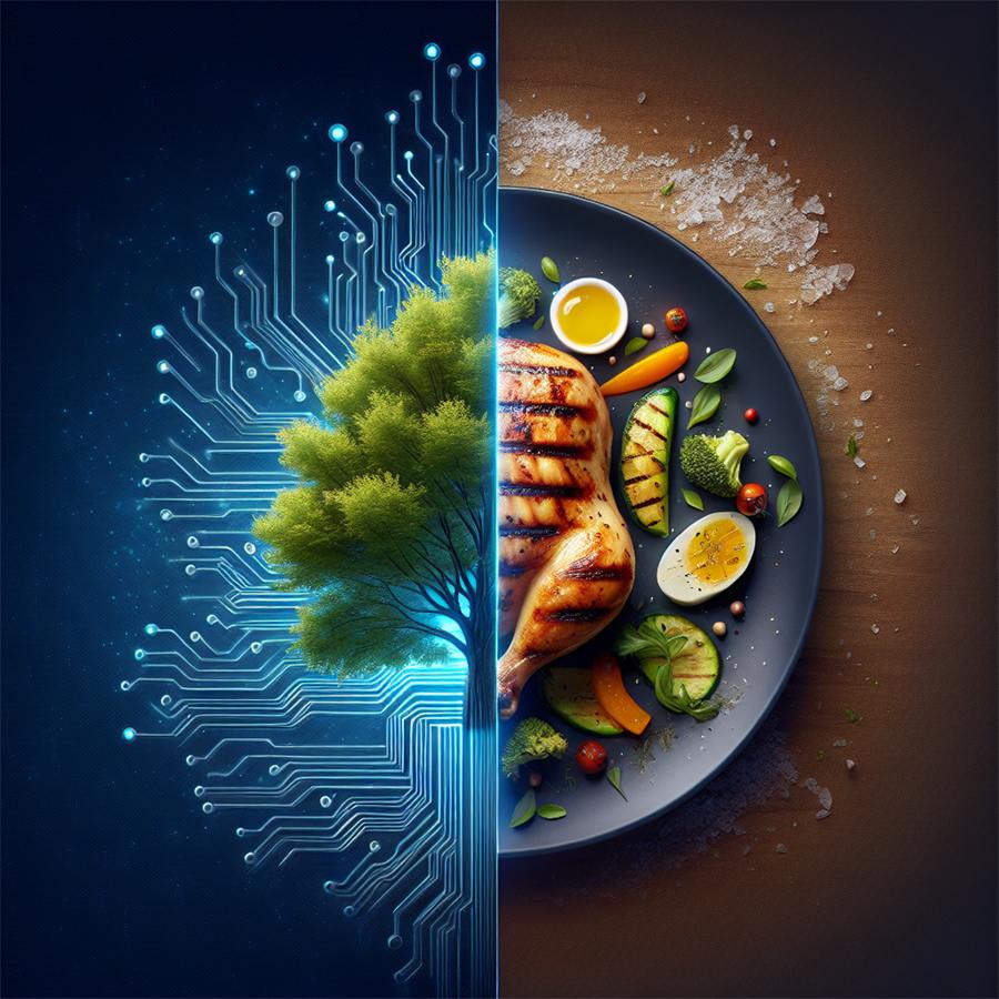 Een gebalanceerd bord met gegrilde kip, groenten en ei naast een abstracte weergave van een AI-netwerk